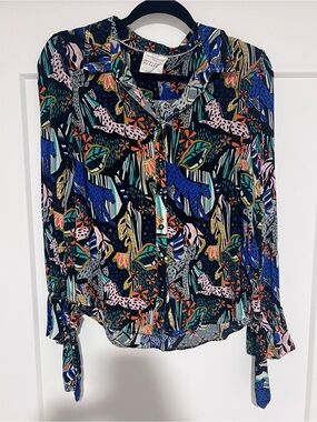 Anthropologie Black Multi-Print Botanical & Leopard Button-Up Blouse